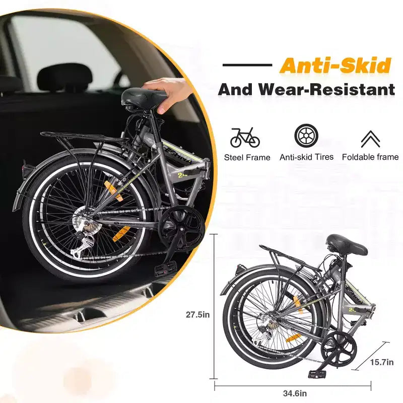Vélo pliant de ville Whisen 24, vélos adultes avec Shimano 7 vitesses, cadre en acier