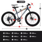 Vélo Okak 24 pouces Fat Tire avec suspension avant, VTT 7 vitesses avec frein à disque et cadre en acier à haute teneur en carbone, Vélo de randonnée pour les trajets quotidiens