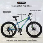 Vélo Okak 24 pouces Fat Tire avec suspension avant, VTT 7 vitesses avec frein à disque et cadre en acier à haute teneur en carbone, Vélo de randonnée pour les trajets quotidiens