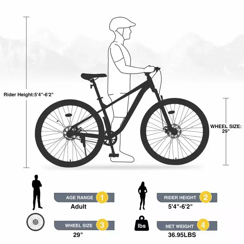 Vélo de montagne Okak 29 pouces à vitesse unique, vélo adulte avec cadre en acier et suspension avant, vélo pour hommes pour les trajets quotidiens, les voyages, la montagne