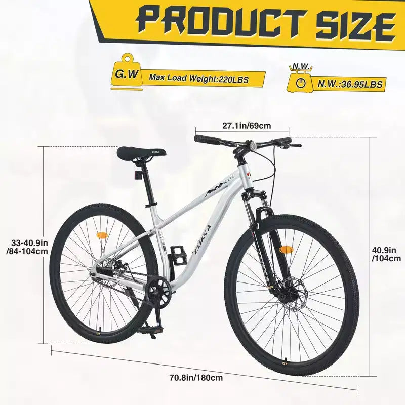 Vélo de montagne Okak 29 pouces à vitesse unique, vélo adulte avec cadre en acier et suspension avant, vélo pour hommes pour les trajets quotidiens, les voyages, la montagne