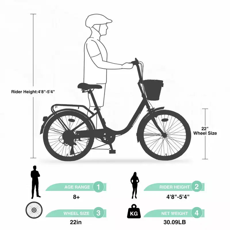 Vélos Cruiser Okak 22" avec panier avant, vélo pour filles avec cadre en acier, freins en V et selles confort, vélo adulte pour filles et femmes