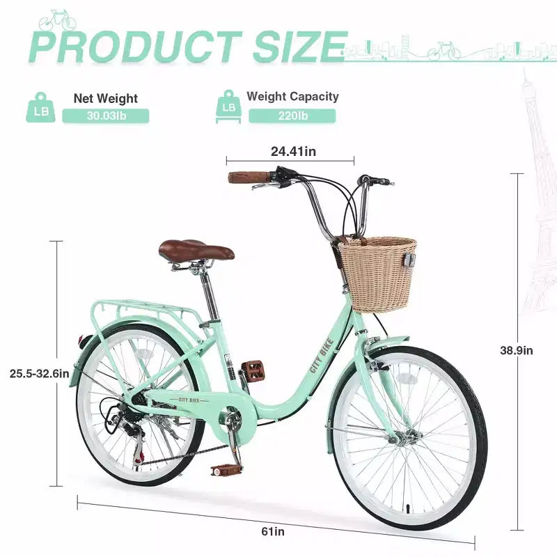 Vélos Cruiser Okak 22" avec panier avant, vélo pour filles avec cadre en acier, freins en V et selles confort, vélo adulte pour filles et femmes