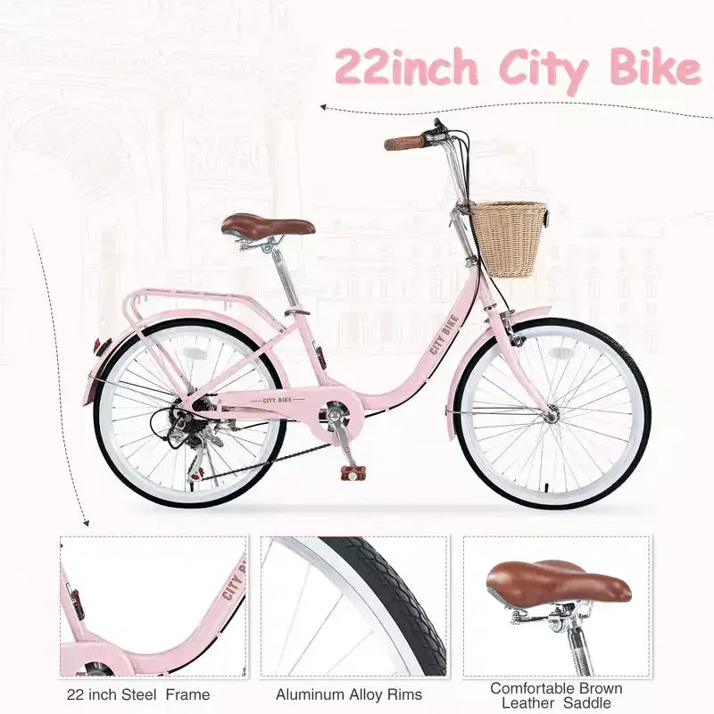 Vélos Cruiser Okak 22" avec panier avant, vélo pour filles avec cadre en acier, freins en V et selles confort, vélo adulte pour filles et femmes