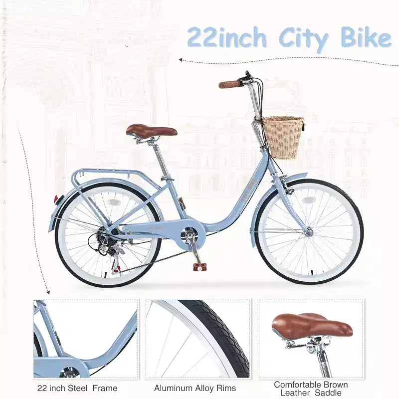Vélos Cruiser Okak 22" avec panier avant, vélo pour filles avec cadre en acier, freins en V et selles confort, vélo adulte pour filles et femmes
