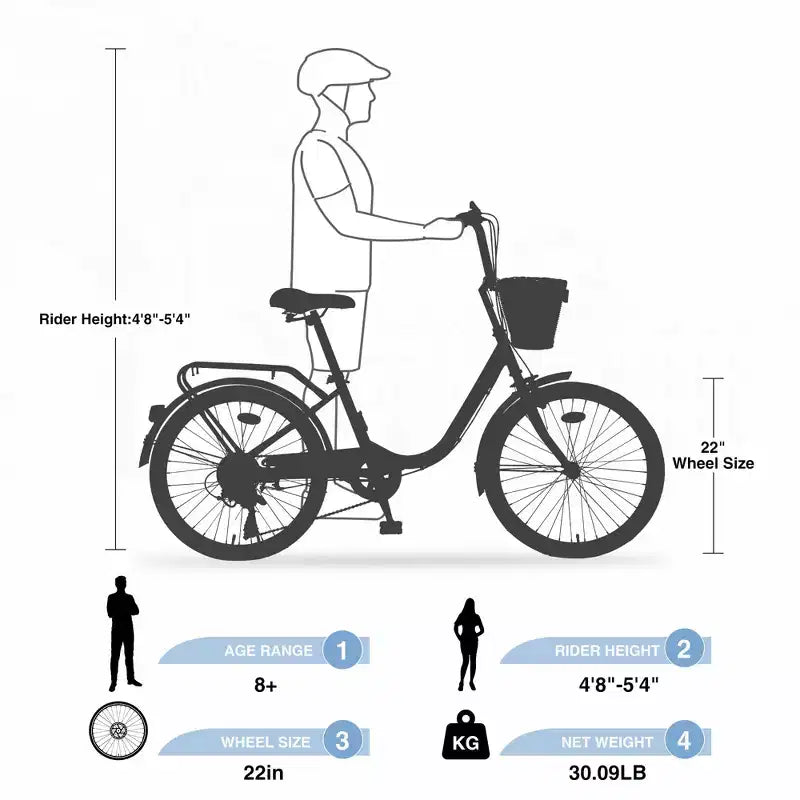 Vélos Cruiser Okak 22" avec panier avant, vélo pour filles avec cadre en acier, freins en V et selles confort, vélo adulte pour filles et femmes