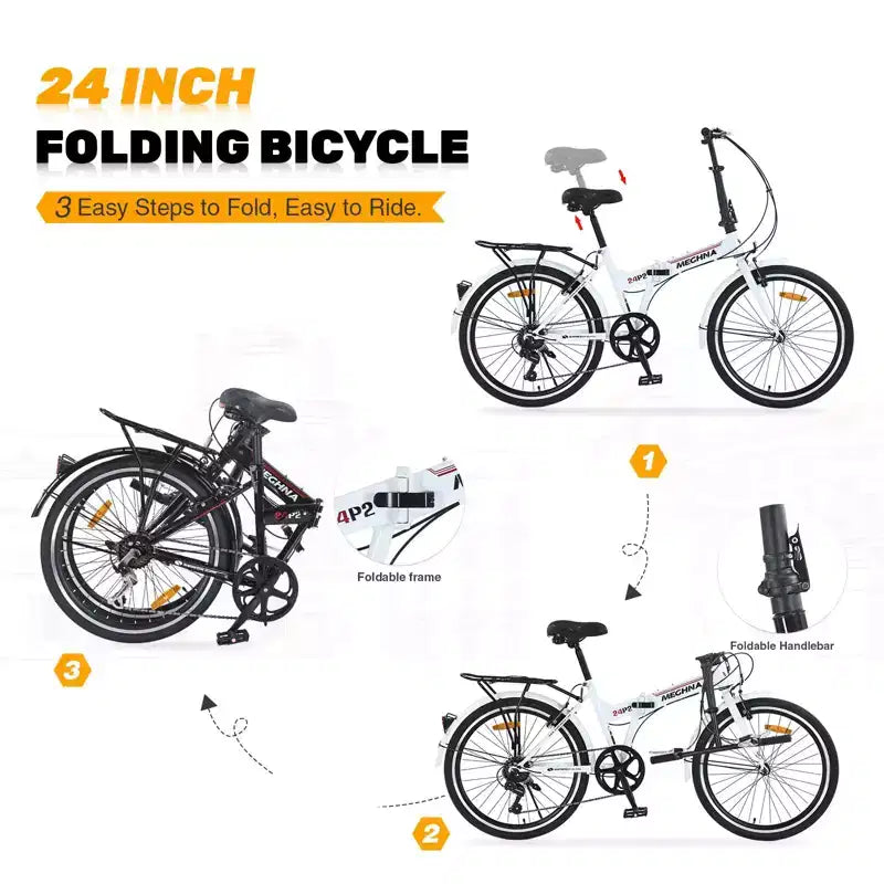 Vélo pliant Okak 24 pouces avec 7 vitesses et cadre en acier, vélos de croisière avec porte-bagages arrière et garde-boue, vélo adulte pour les voyages et les trajets quotidiens