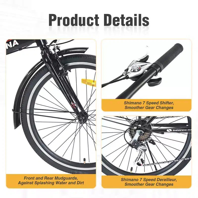 Vélo pliant Okak 24 pouces avec 7 vitesses et cadre en acier, vélos de croisière avec porte-bagages arrière et garde-boue, vélo adulte pour les voyages et les trajets quotidiens