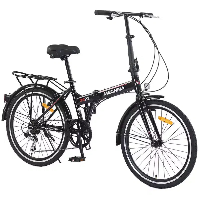 Vélo pliant Okak 24 pouces avec 7 vitesses et cadre en acier, vélos de croisière avec porte-bagages arrière et garde-boue, vélo adulte pour les voyages et les trajets quotidiens