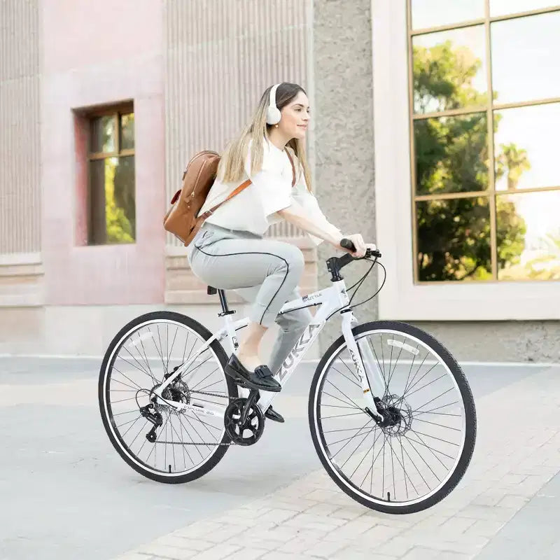 Vélo hybride Okak 700C avec cadre en alliage d'aluminium et freins à double disque, vélo de route à guidon plat, vélo pour adultes pour le cyclisme sur route et les voyages