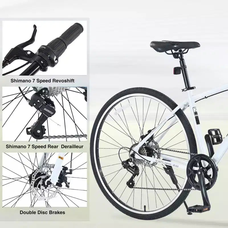 Vélo hybride Okak 700C avec cadre en alliage d'aluminium et freins à double disque, vélo de route à guidon plat, vélo pour adultes pour le cyclisme sur route et les voyages