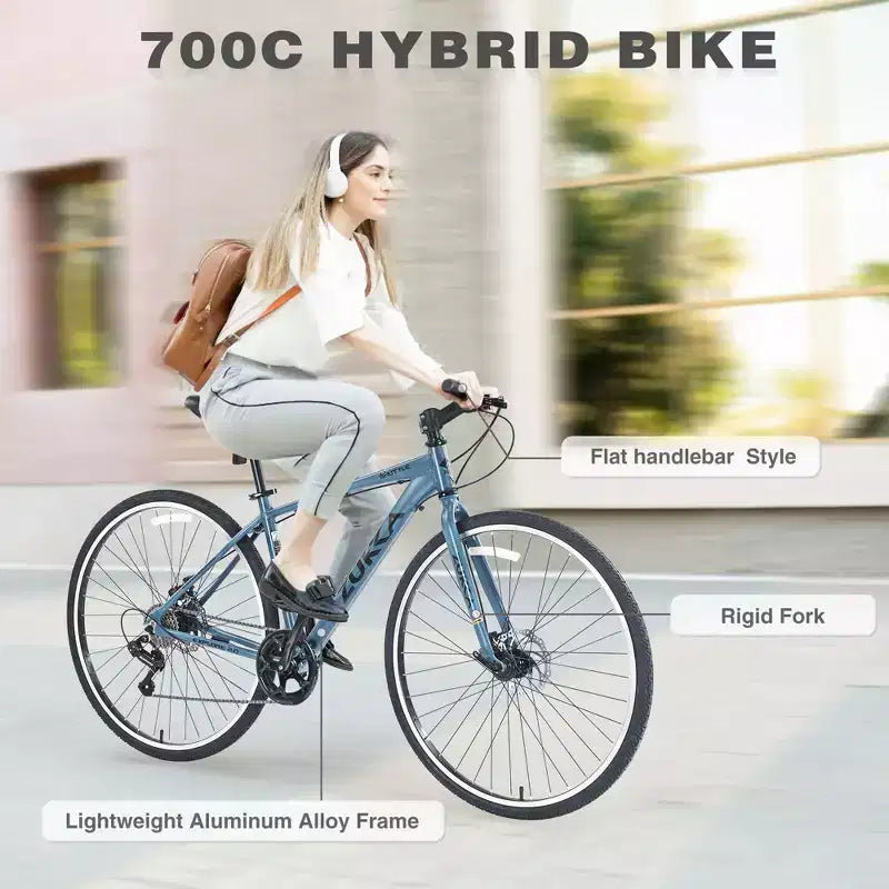 Vélo hybride Okak 700C avec cadre en alliage d'aluminium et freins à double disque, vélo de route à guidon plat, vélo pour adultes pour le cyclisme sur route et les voyages