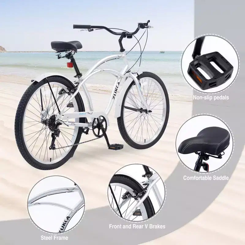 Vélo de plage Okak 26 pouces avec système 7 vitesses, vélo homme avec freins en V avant et arrière, vélo à cadre métallique pour adolescents et adultes