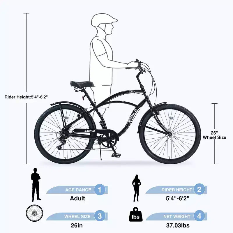 Vélo de plage Okak 26 pouces avec système 7 vitesses, vélo homme avec freins en V avant et arrière, vélo à cadre métallique pour adolescents et adultes