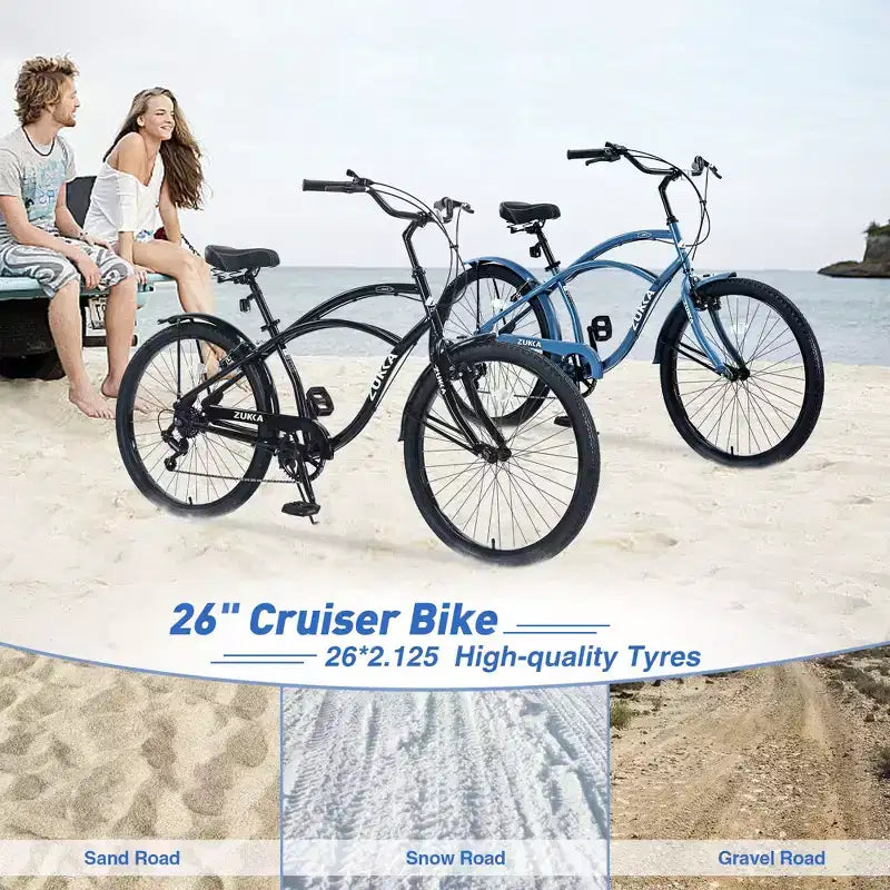 Vélo de plage Okak 26 pouces avec système 7 vitesses, vélo homme avec freins en V avant et arrière, vélo à cadre métallique pour adolescents et adultes