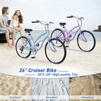 Vélo Okak 26 pouces pour femme avec 7 vitesses, vélo de plage cruiser avec double frein en V et selle rembourrée, vélo pour adulte pour les trajets quotidiens, les voyages, la montagne