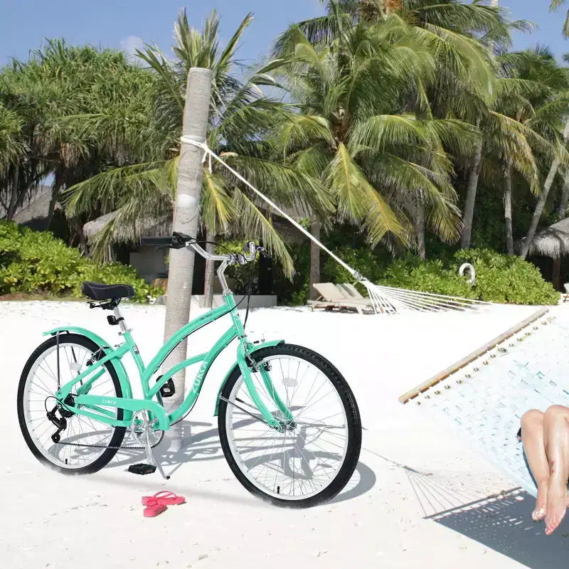 Vélo Okak 26 pouces pour femme avec 7 vitesses, vélo de plage cruiser avec double frein en V et selle rembourrée, vélo pour adulte pour les trajets quotidiens, les voyages, la montagne