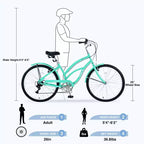Vélo Okak 26 pouces pour femme avec 7 vitesses, vélo de plage cruiser avec double frein en V et selle rembourrée, vélo pour adulte pour les trajets quotidiens, les voyages, la montagne