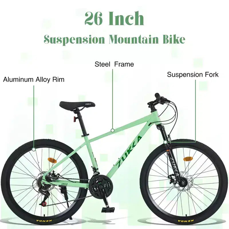 Vélo adulte Okak 26 pouces, 24 vitesses, fourche suspendue, VTT avec pneus KENDA et freins à disque, VTT à pneus larges pour hommes et femmes