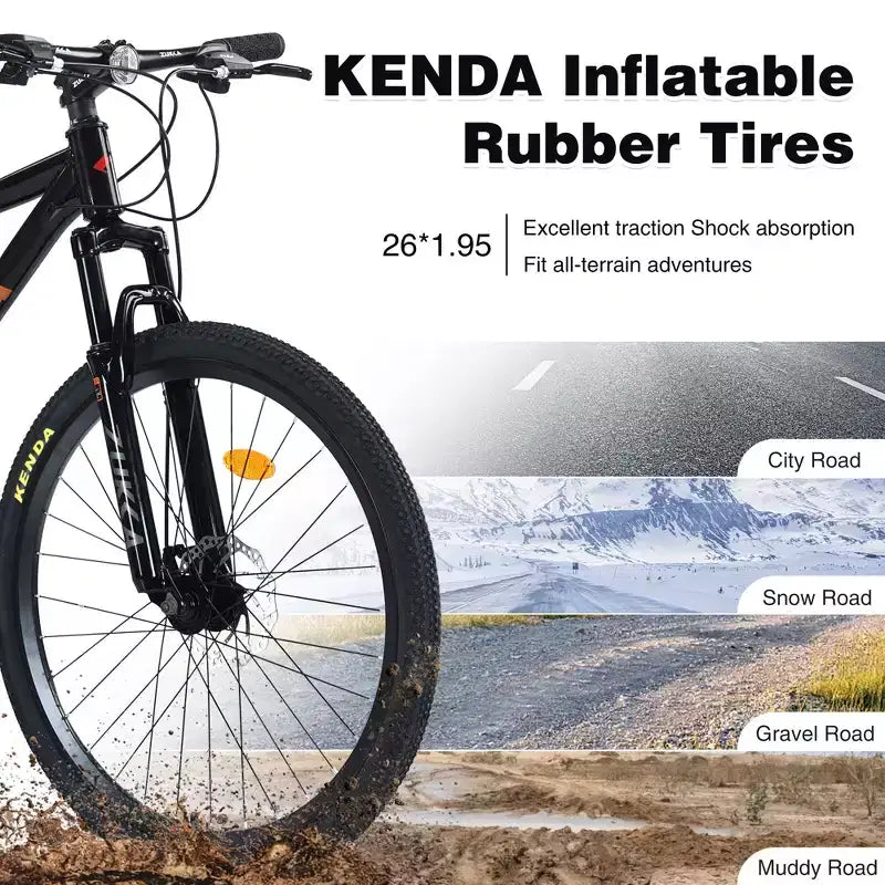 Vélo adulte Okak 26 pouces, 24 vitesses, fourche suspendue, VTT avec pneus KENDA et freins à disque, VTT à pneus larges pour hommes et femmes