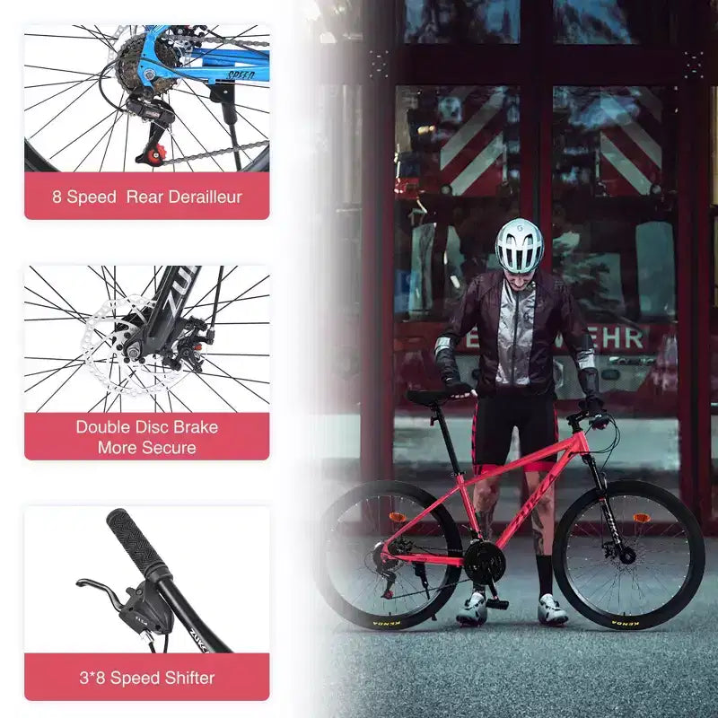 Vélo adulte Okak 26 pouces, 24 vitesses, fourche suspendue, VTT avec pneus KENDA et freins à disque, VTT à pneus larges pour hommes et femmes