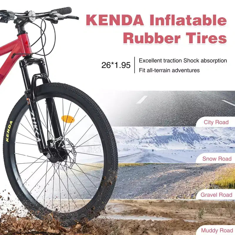 Vélo adulte Okak 26 pouces, 24 vitesses, fourche suspendue, VTT avec pneus KENDA et freins à disque, VTT à pneus larges pour hommes et femmes
