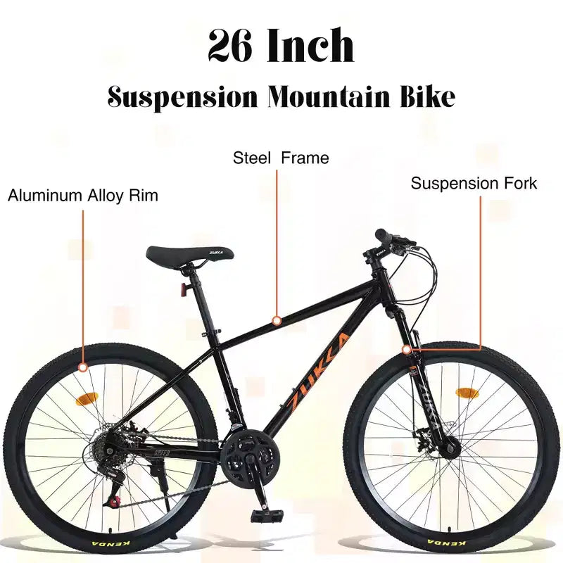 Vélo adulte Okak 26 pouces, 24 vitesses, fourche suspendue, VTT avec pneus KENDA et freins à disque, VTT à pneus larges pour hommes et femmes