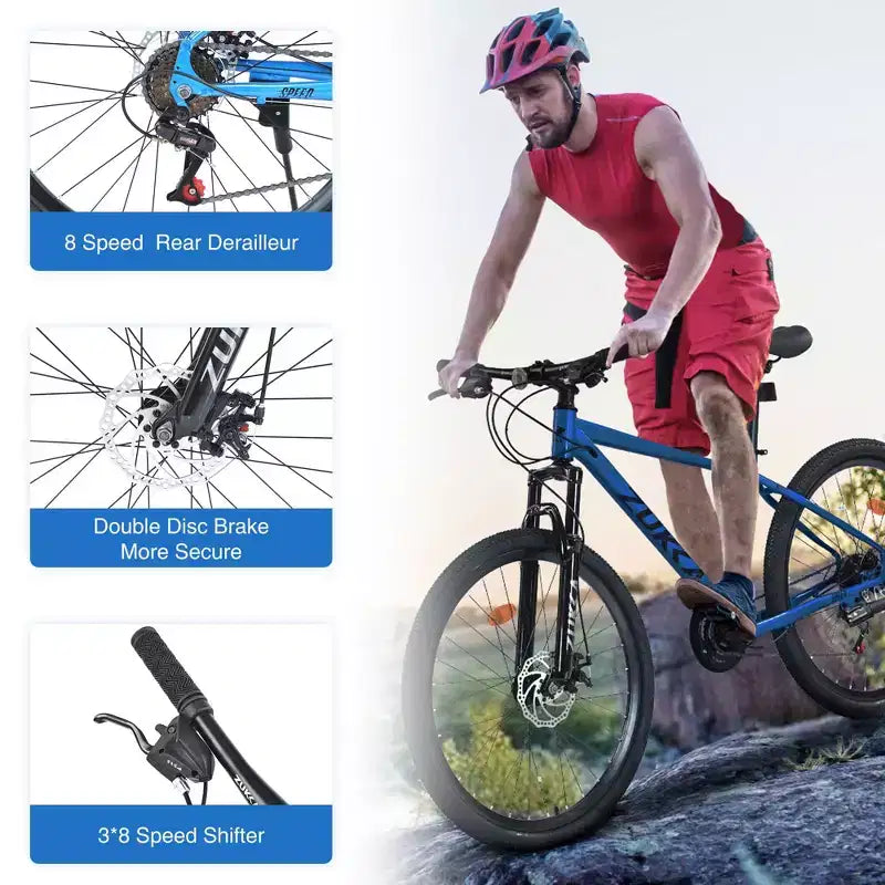 Vélo adulte Okak 26 pouces, 24 vitesses, fourche suspendue, VTT avec pneus KENDA et freins à disque, VTT à pneus larges pour hommes et femmes