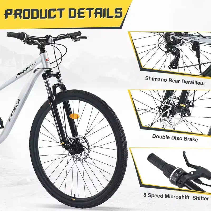 VTT Okak 29 pouces avec système 8 vitesses, Dirt Bike avec cadre en acier et suspension avant, vélo pour adultes hommes, femmes, garçons et filles