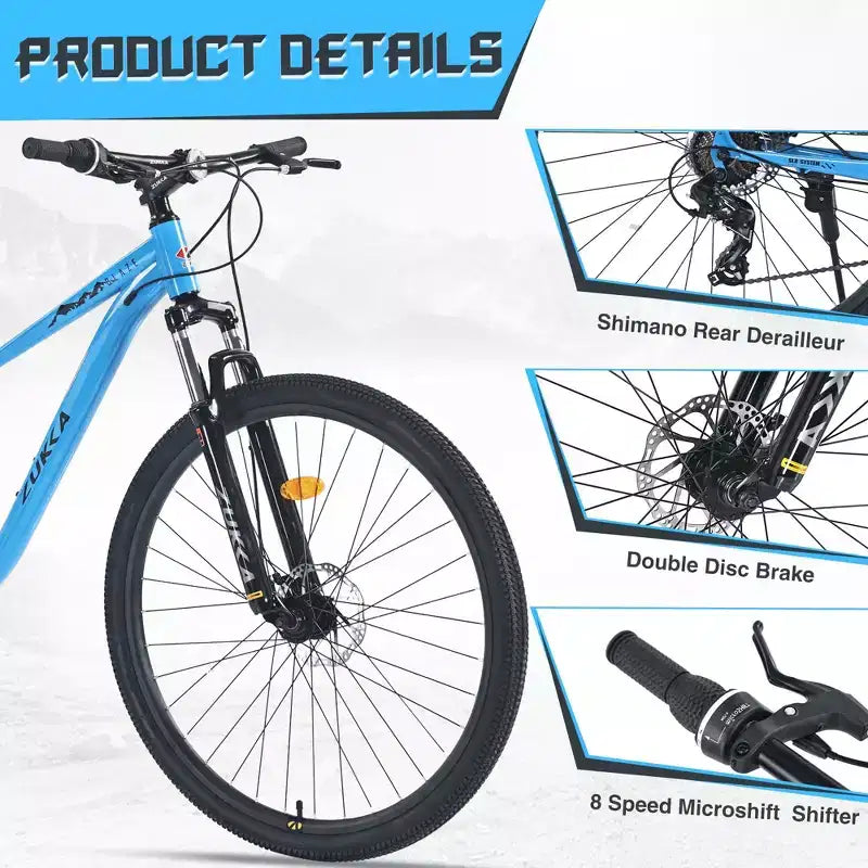 VTT Okak 29 pouces avec système 8 vitesses, Dirt Bike avec cadre en acier et suspension avant, vélo pour adultes hommes, femmes, garçons et filles