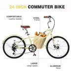 Vélo de croisière Okak 24 pouces avec grand panier, vélo adulte 6 vitesses avec cadre en acier et frein à disque, vélo de ville pour hommes et femmes