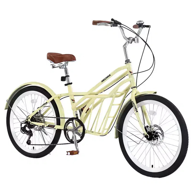 Vélo de croisière Okak 24 pouces avec grand panier, vélo adulte 6 vitesses avec cadre en acier et frein à disque, vélo de ville pour hommes et femmes