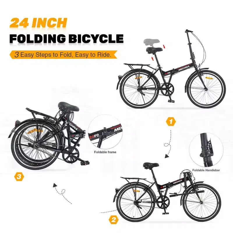Vélo pliant Okak 24 pouces avec garde-boue et double frein en V, vélo de ville avec cadre en acier et porte-bagages, vélos de croisière pour hommes et femmes