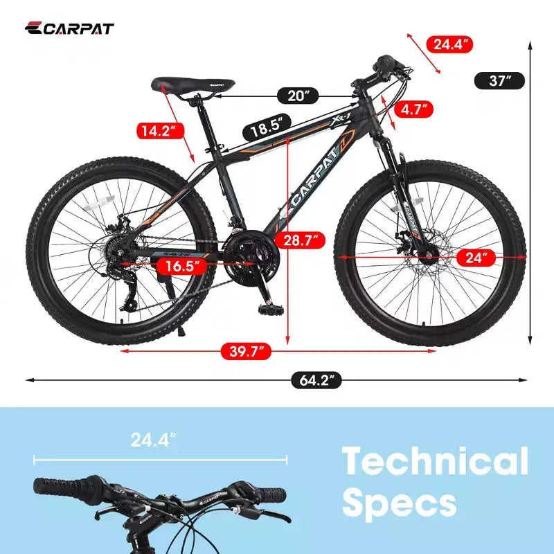 VTT Okak 24 pouces avec freins à disque doubles et suspension avant, vélo pour enfants avec 21 vitesses et cadre en acier, vélo pour garçons, filles