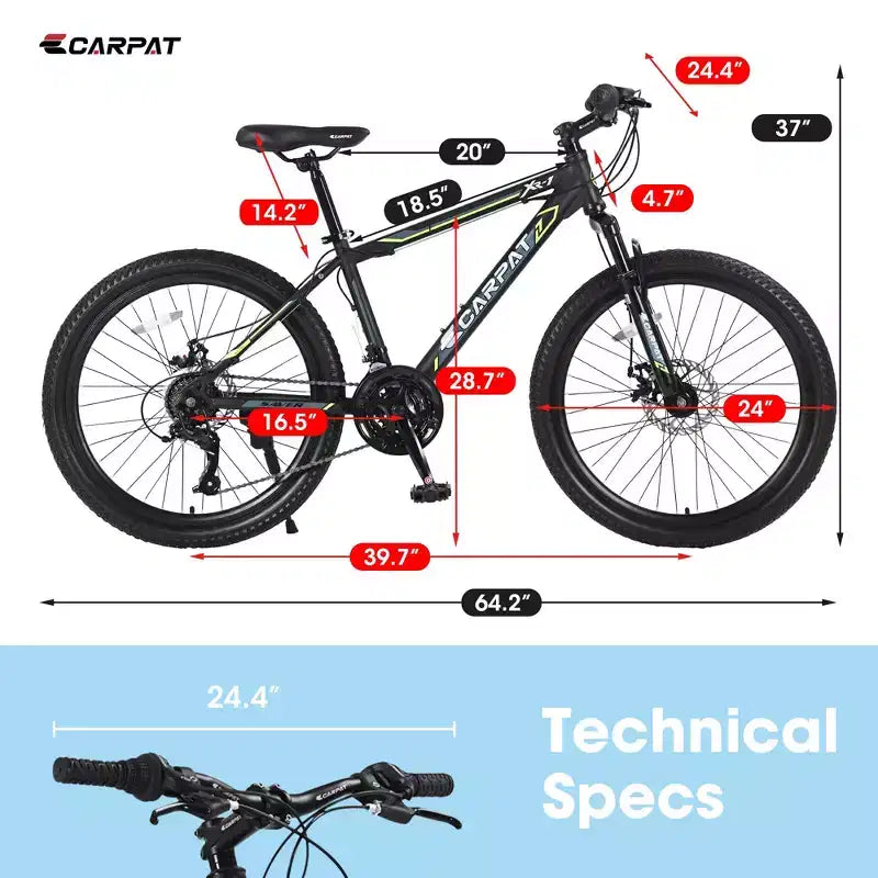VTT Okak 24 pouces avec freins à disque doubles et suspension avant, vélo pour enfants avec 21 vitesses et cadre en acier, vélo pour garçons, filles
