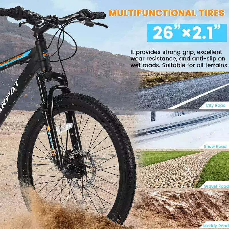 VTT Okak 26 pouces avec 21 vitesses et freins à disque mécaniques, vélo adulte avec cadre en acier à haute teneur en carbone, Dirt Bike pour enfants et adultes