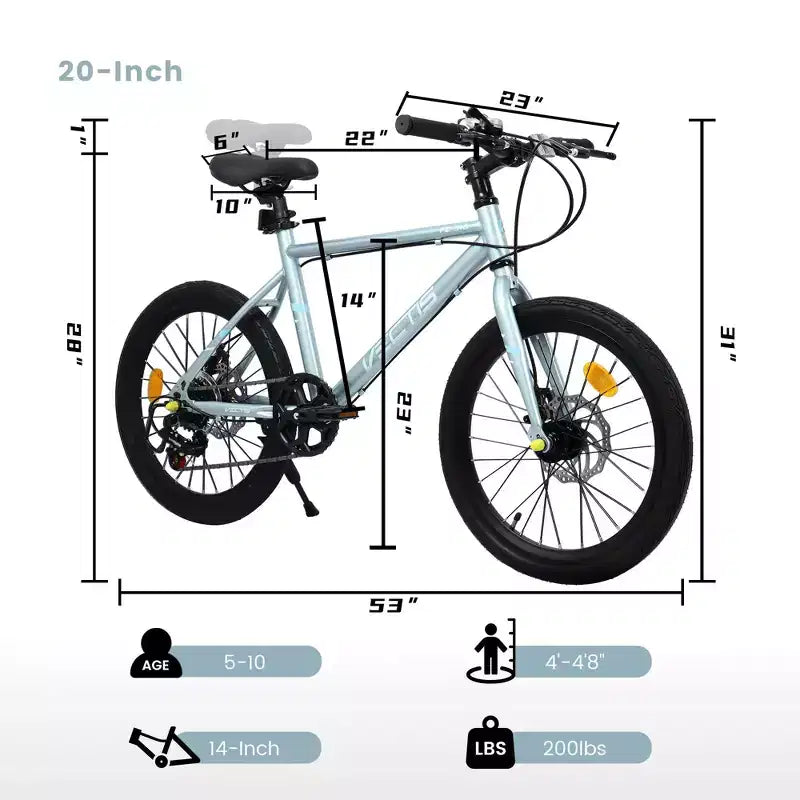 Vélo enfant Okak 20" avec 7 vitesses et cadre en acier, vélo enfant avec double freins à disque et pneus de 1,75", vélos cruiser pour garçons et filles