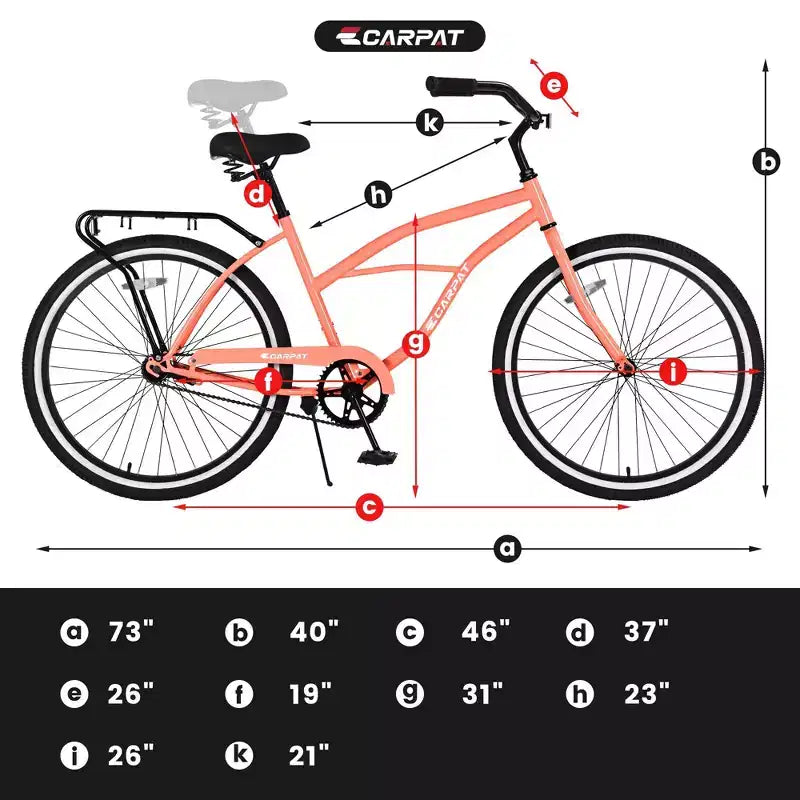 Vélos de plage Okak 26 pouces avec cadre en acier, transmission à vitesse unique, vélos adultes confortables, vélos pour hommes et femmes, rose