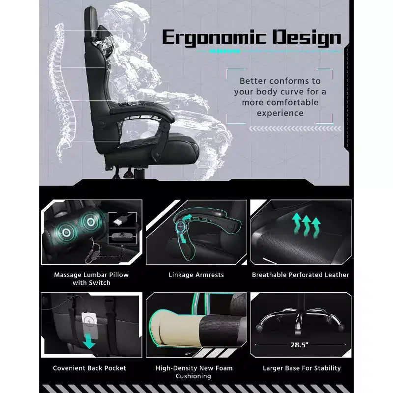 Chaise de jeu ergonomique Yaheetech en cuir PU, chaise de bureau exécutive avec accoudoirs rembourrés