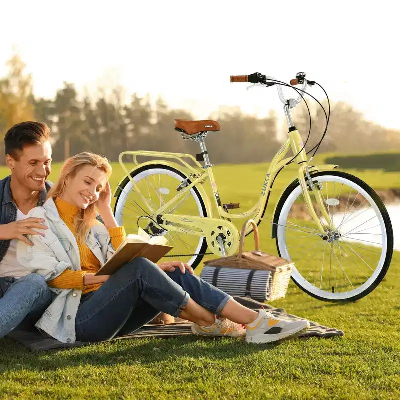 NAYSAYE Vélo de plage Cruiser 24 pouces pour femme, vélo de ville 7 vitesses avec double frein en V, vélo de ville pour adulte femme, homme