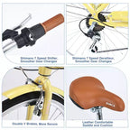 NAYSAYE Vélo de plage Cruiser 24 pouces pour femme, vélo de ville 7 vitesses avec double frein en V, vélo de ville pour adulte femme, homme