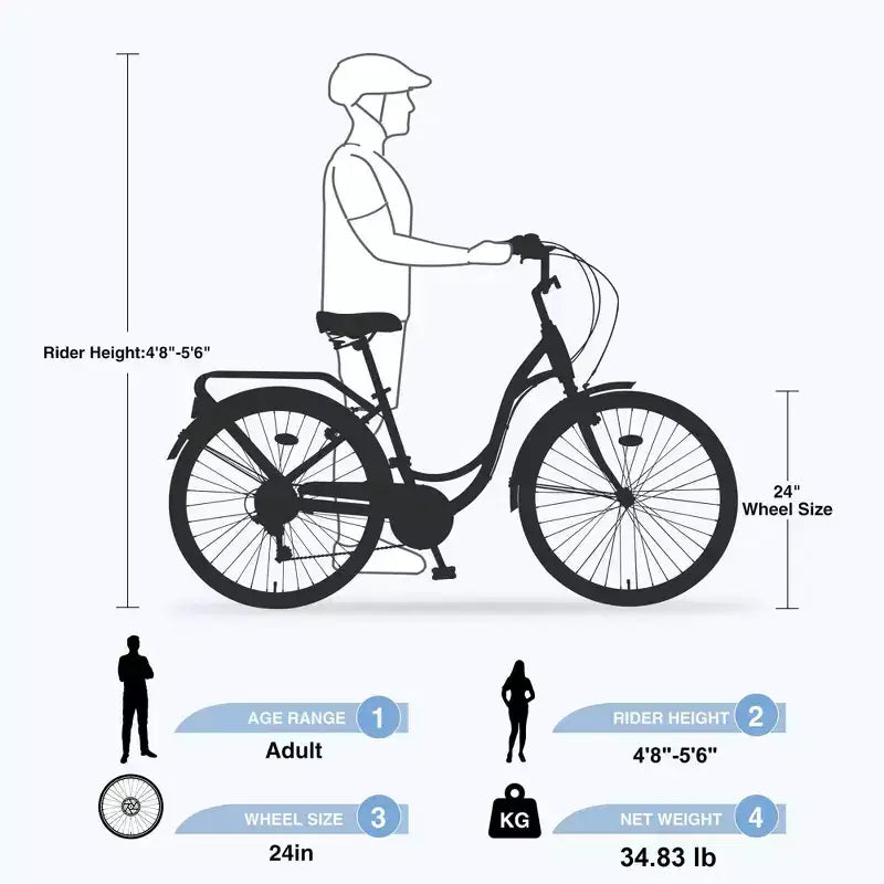 NAYSAYE Vélo de plage Cruiser 24 pouces pour femme, vélo de ville 7 vitesses avec double frein en V, vélo de ville pour adulte femme, homme