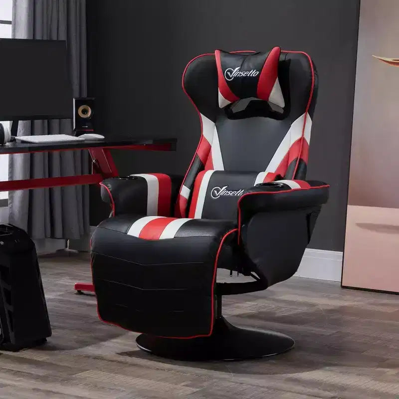 Fauteuil de gamer, Inclinable Style Racing avec Support Lombaire, Repose-Pieds et Porte-Gobelet/Blanc/Rouge