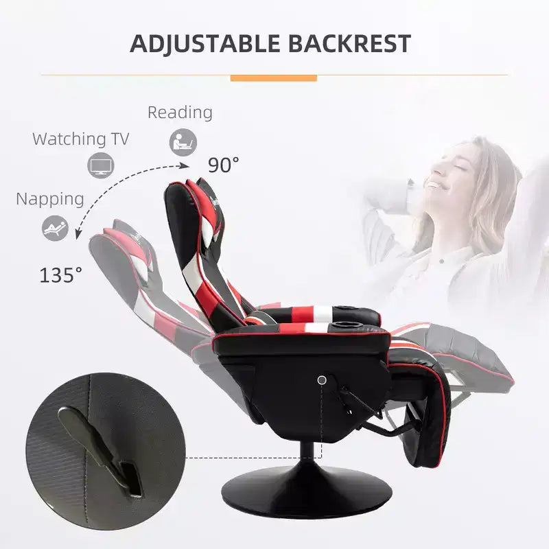 Fauteuil de gamer, Inclinable Style Racing avec Support Lombaire, Repose-Pieds et Porte-Gobelet/Blanc/Rouge