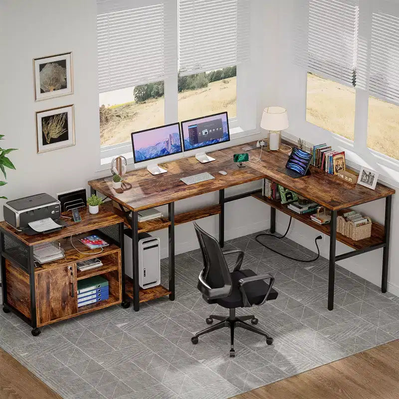 Besiost Bureau d'angle en L de 119,4 cm avec rangements, prises de courant, ports USB, bureau réversible pour ordinateur