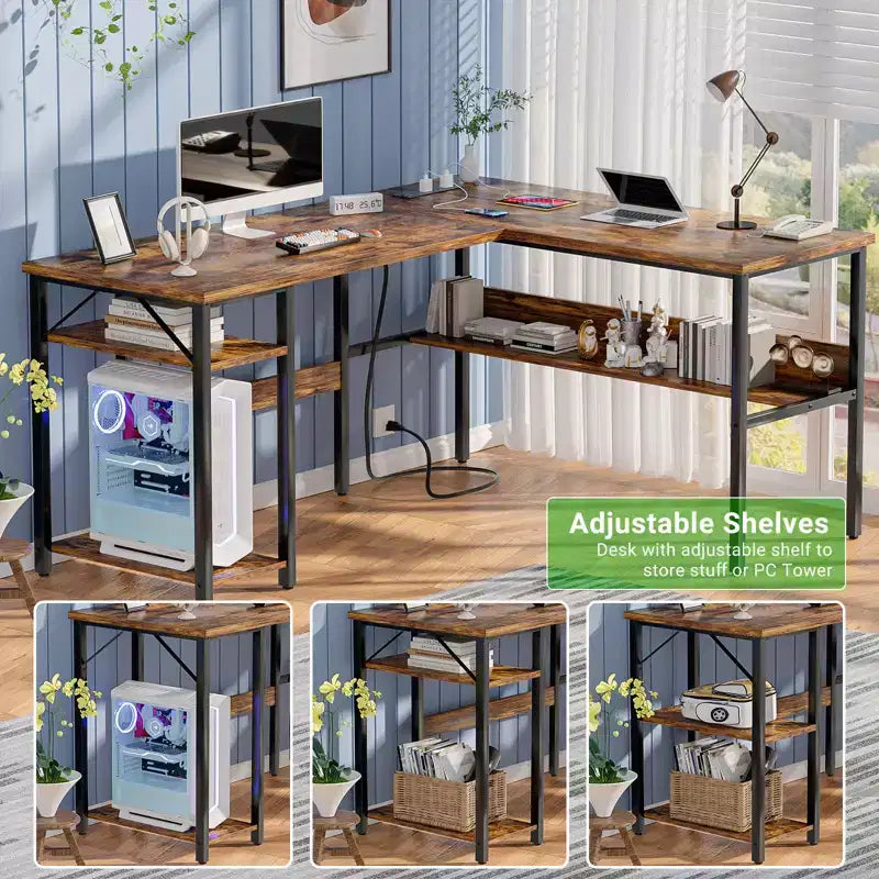 Besiost Bureau d'angle en L de 119,4 cm avec rangements, prises de courant, ports USB, bureau réversible pour ordinateur