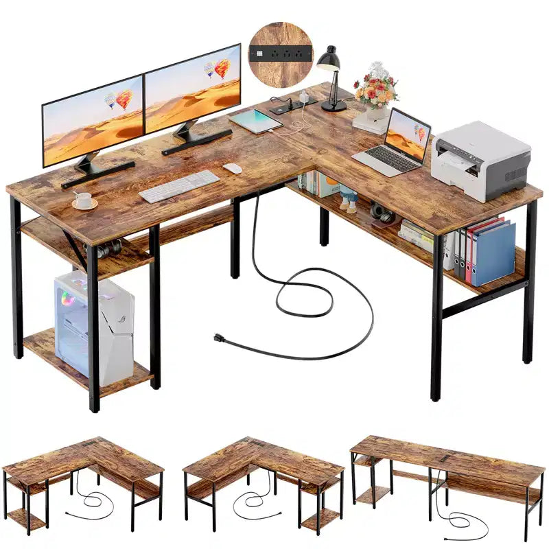 Besiost Bureau d'angle en L de 119,4 cm avec rangements, prises de courant, ports USB, bureau réversible pour ordinateur