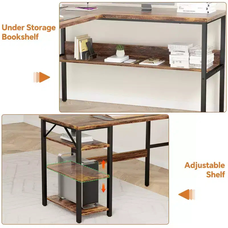 Besiost Bureau d'angle en L de 119,4 cm avec rangements, prises de courant, ports USB, bureau réversible pour ordinateur