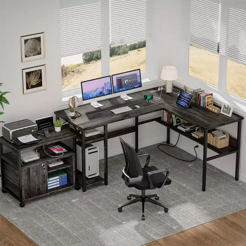 Besiost Bureau d'angle en L de 119,4 cm avec rangements, prises de courant, ports USB, bureau réversible pour ordinateur