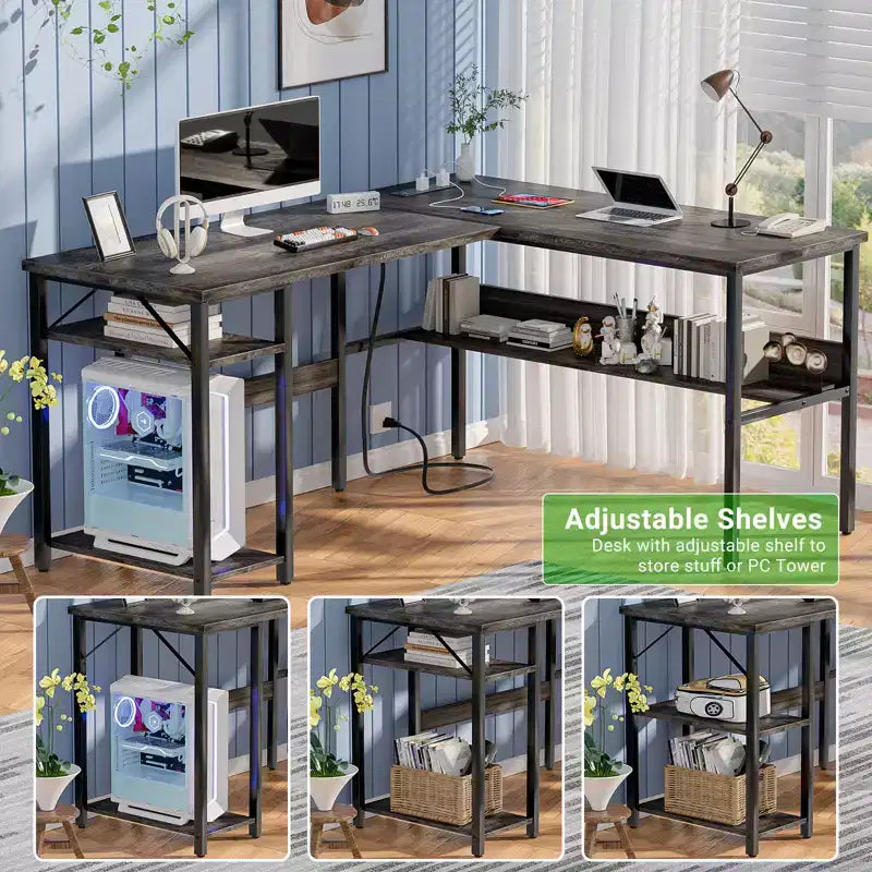 Besiost Bureau d'angle en L de 119,4 cm avec rangements, prises de courant, ports USB, bureau réversible pour ordinateur